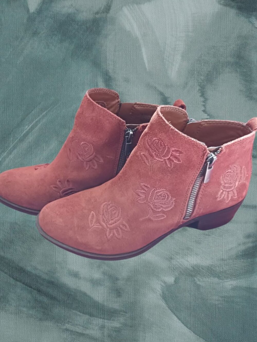 Lucky Brand Suede Ankle Boots W/ Floral Embroidery & Side Zip Terracota Size 6.5 - Picture 6 of 14